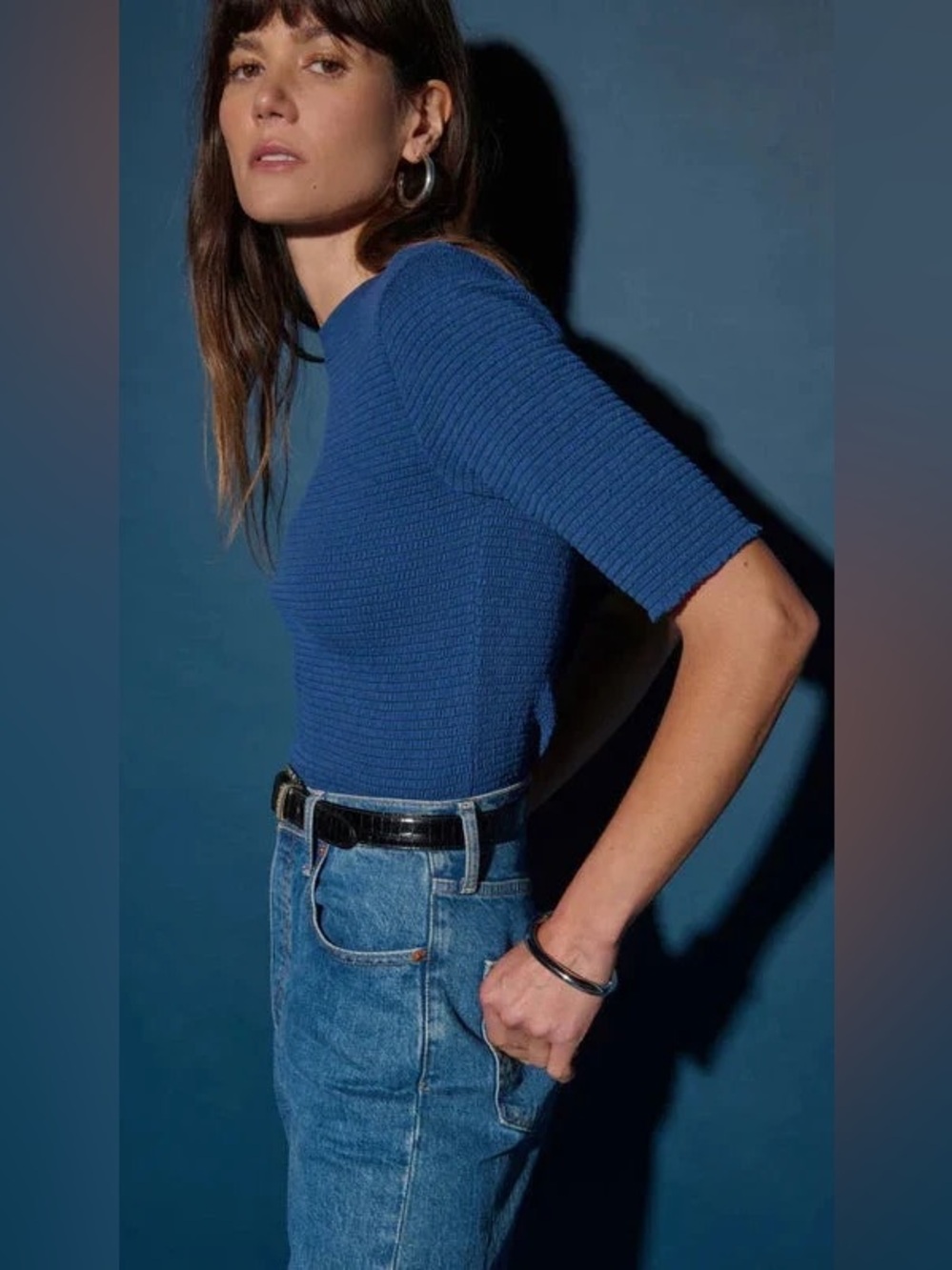 Nation LTD Beverly Smocked 100% Pima Cotton Top in Galaxy Blue Medium